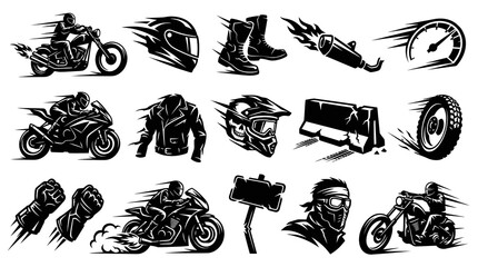 Obraz premium Dynamic Monochrome Motorcycle Riders, Racing Gear, and Biker Lifestyle Vector Icons Set