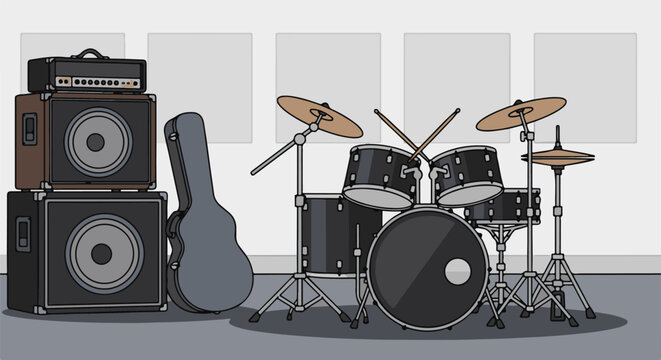A drum set and amplifier stack sit next to a guitar case
