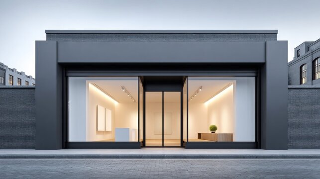 Modern art gallery storefront with large glass windows and minimalist interior design