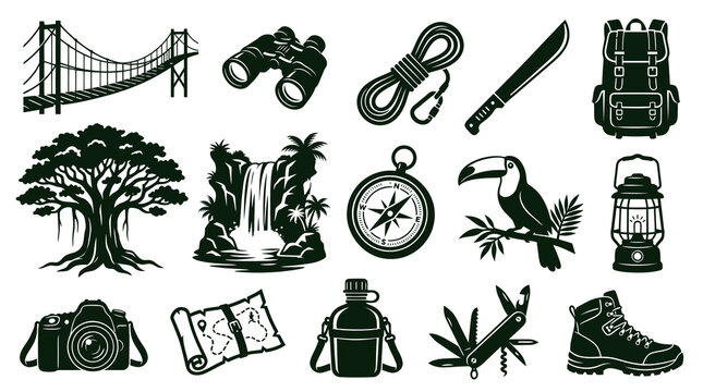 Black  White Silhouette Icons of Adventure and Travel Gear, Nature, and Equipment