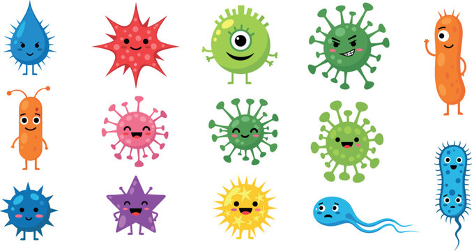 Cute Cartoon Germs and Bacteria Vector Collection with Colorful Virus Characters, Funny Microbe Faces and Happy Pathogen Icons for Kids, Health and Education Design