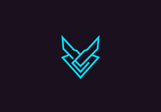 Minimalist neon blue geometric fox head logo on dark background