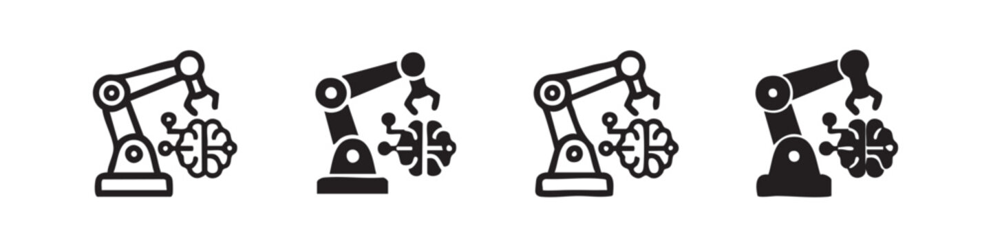 Robotic arm holding a neural brain icon set, representing AI, robotics, automation, and advanced technology.