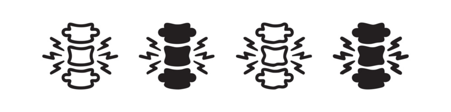 Spine pain icon set. Backache symbol, spinal column with lightning bolt vector illustration.