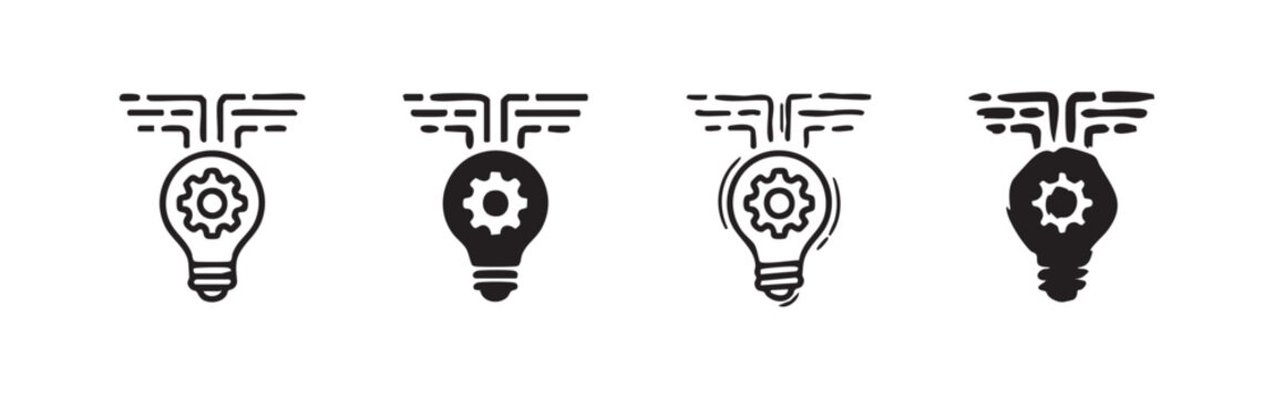 Innovation and technology idea icon set, light bulb with gear and circuit lines, creative engineering concept symbol.