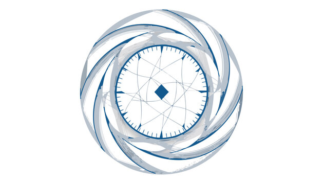 Teal blue digital compass disc with 3d glass morphism effect and swirling design on white background for navigation and direction