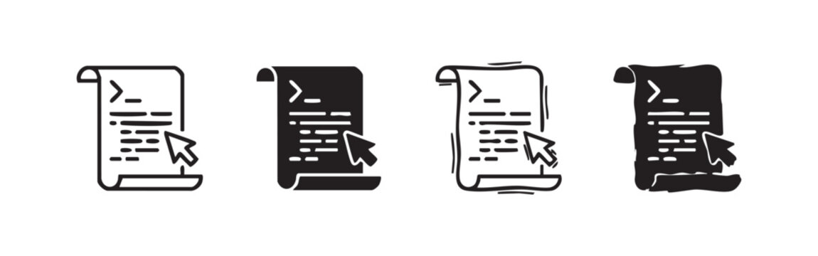 Programming code script icon set with cursor pointer, web development document symbol, online coding interface illustration.