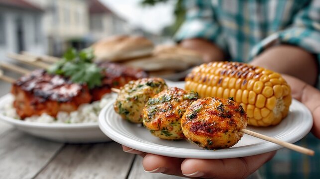 A hand presents a plate with delicious skewers of grilled chicken, corn, and herbs, showcasing vibrant colors and inviting textures that stimulate appetite and joy.