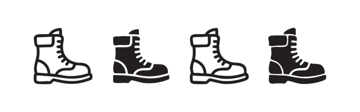 Set of four work boot icons, black and white, line art and solid fill