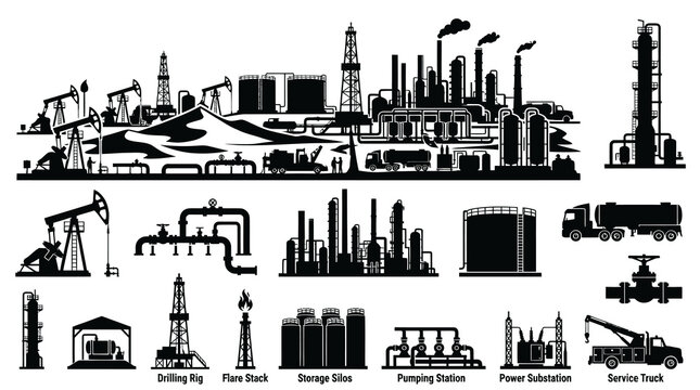 Oil and Gas Industry Silhouettes: Rigs, Refineries, Trucks, Equipment