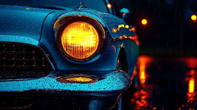 Vintage car headlight at night.
