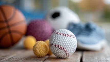Naklejka premium A vibrant collection of various sports balls, including a baseball, soccer ball, and basketball on a rustic wooden surface, depicting the joy of play and competition in sports.