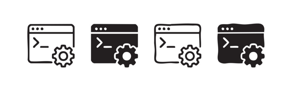 Four coding or programming icons with terminal and gear, black and white