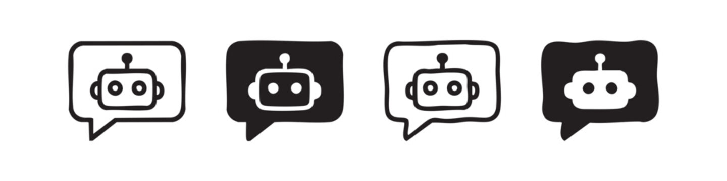 Four robot or bot chat bubble icons, black and white, line art and solid fill