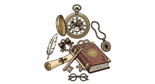 Antique objects book, keys, pocket watch, scroll, feather, locket, glasses