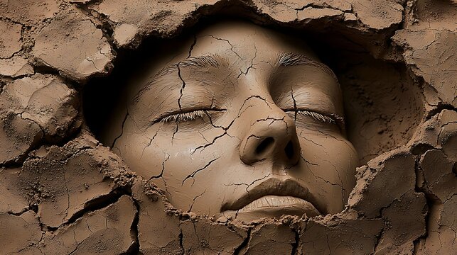 Cracked earth face with closed eyes.