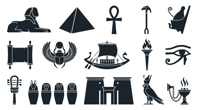 Ancient Egypt Flat Icons Set: Egyptian Culture, History, Mythology Symbols Glyph Collection