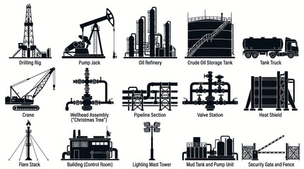 Obraz premium Oil and Gas Industry Equipment and Infrastructure Icons Set. Black and White Vector Silhouettes for Energy Sector