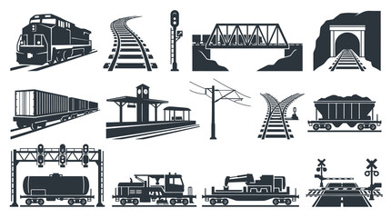 Obraz premium Railroad Transport Glyph Icons Set: Trains, Tracks, Locomotives, Wagons Infrastructure Silhouettes