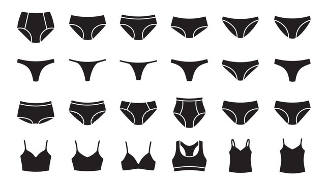 Assortment of black silhouette icons for women's underwear and bras