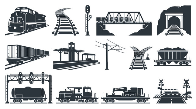 Railroad Transport Glyph Icons Set: Trains, Tracks, Locomotives, Wagons  Infrastructure Silhouettes