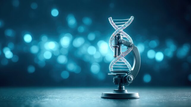 Microscope examining a glowing DNA helix against a bokeh background of blue lights