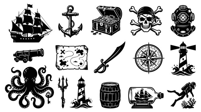 Nautical Pirate Ocean Adventure Vector Icons Set: Black and White Glyphs  Silhouettes Collection