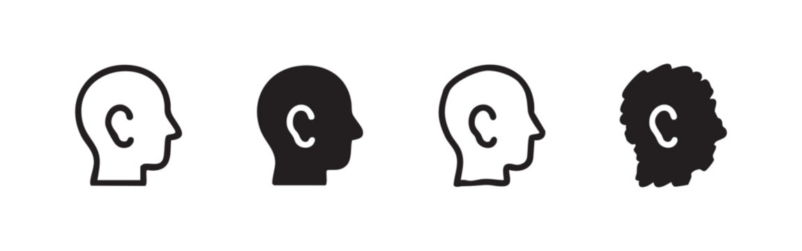 Icons of human profiles and ears representing listening, hearing, and perception