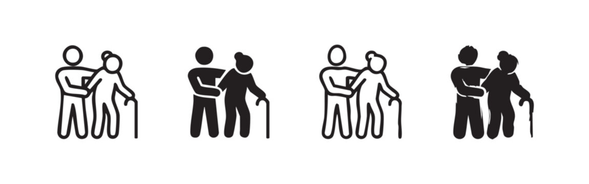 Caregiver helping elderly person with cane icons