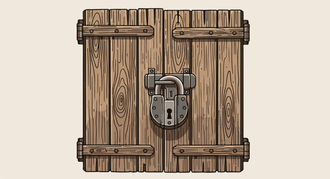 A sturdy wooden door with a large, grey, metal padlock securing it closed