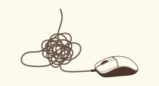 Tangled computer mouse cord vector art illustration for technical issues and cable management problems.