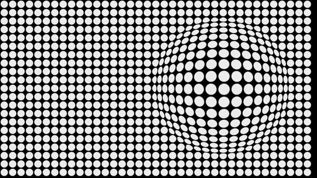 White dots form a flat grid. Curved sphere emerges from the grid. Dots grow denser as the sphere bulges