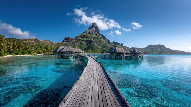 Wooden walkway leads to overwater bungalows in a tropical paradise with clear blue water
