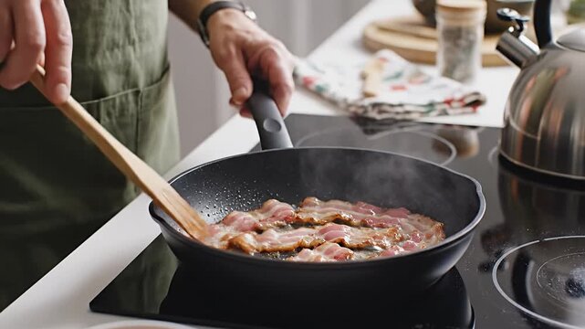 Close-up of person cooking meat in a cast iron skillet on a stovetop.
