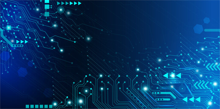 Electronic circuit board background. Vector backdrop with structured layout of connection lines and microchip elements. Digital pattern with data flow and signal transmission across system network