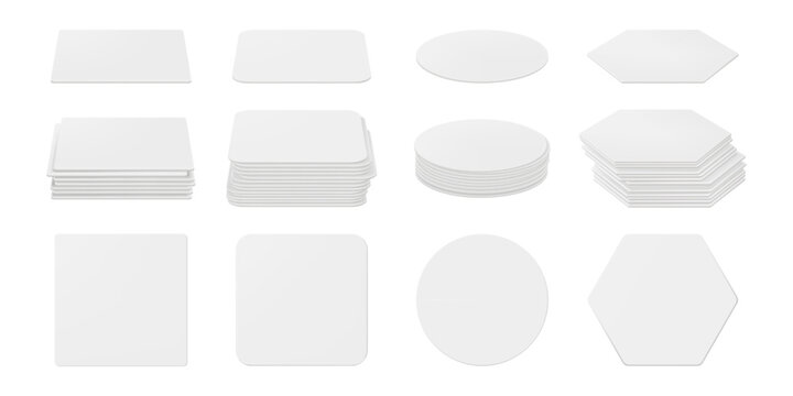 Coaster mockup set. Vector isolated realistic square, round and hexagon shaped surface protectors. Beverage mats collection, top and side views. Branding identity, packaging and product showcase