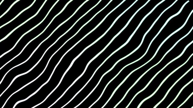 Black and white wavy lines flow across the screen. Patterns move smoothly, creating a dynamic visual rhythm