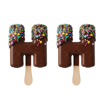 Two letter h shaped chocolate popsicles with sprinkles isolated on a transparent background