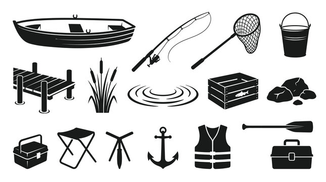 Fishing Gear Icons Set - Boat, Rod, Net, Tackle Box, Life Vest, Anchor, Oar