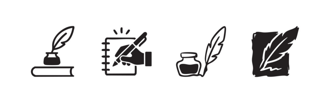 Writing and Journaling Icons: Feather quill, pen, ink, and notebook