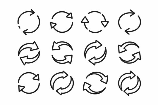 Set of versatile arrow icons featuring two circular spinning arrows for repeat return and refresh functions, clean flat vector illustration ideal for user interface design and navigation systems.