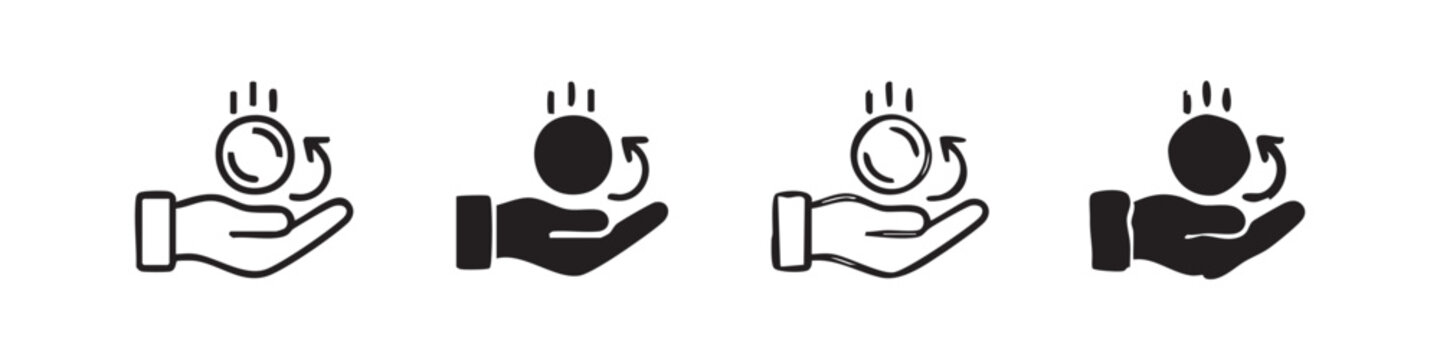 Hand holding coin with arrow icon set: outline and filled