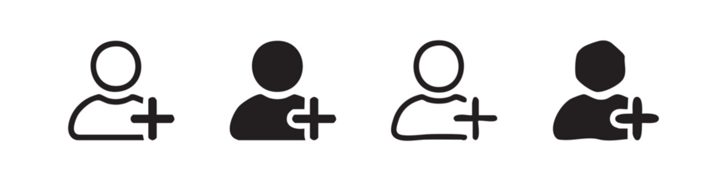 Set of four user add icons: outlined, filled, outlined with plus, filled with plus