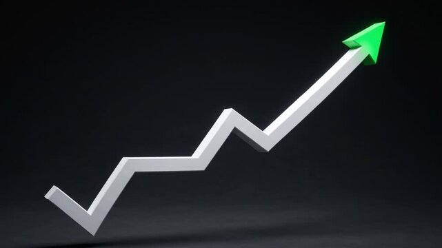 Business growth graph with upward arrow on black background showing financial success and progress 4k video.