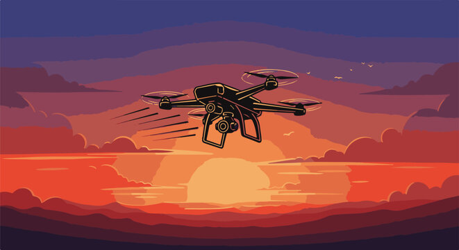 A drone flies over rolling hills at sunset, with birds in the sky