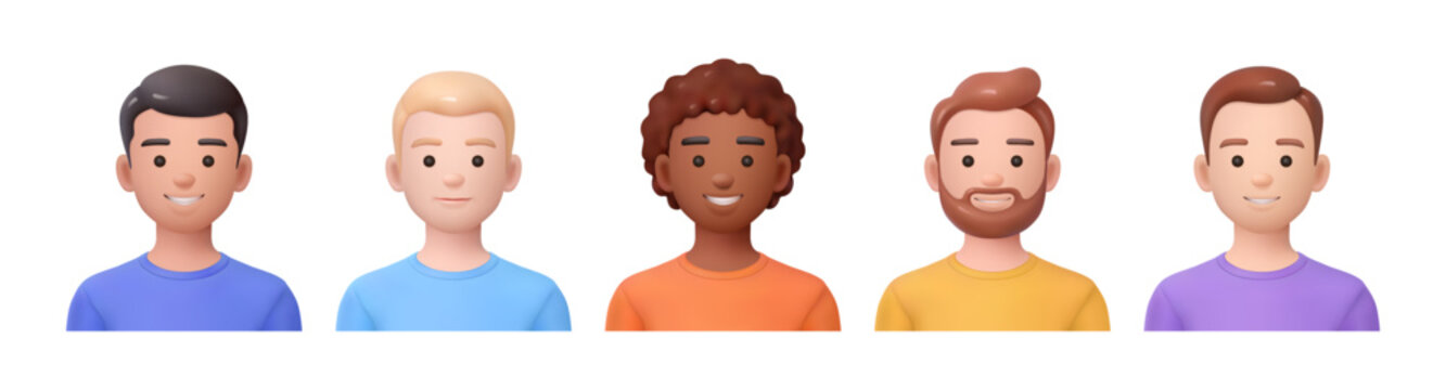 Male personages heads with calm facial expression. Vector 3d style, isolated character men diversity of people. Social media avatars, office system for employee, account profile pictures