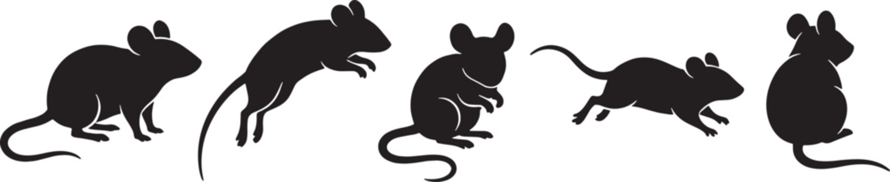 Set of black mouse silhouettes in different poses and actions Vector