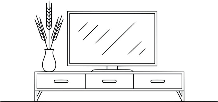 Modern TV Stand with Vase and Wheat Vector Illustration
