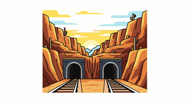 Twin desert tunnels with train tracks leading towards a sunset