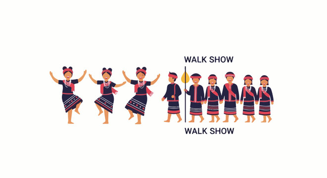 Diverse group of people in traditional attire, some dancing, others in a procession